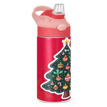 Imagem de YETTASBIN Garrafa de água de árvore de Natal para crianças, 340 g, à prova de vazamento, parede dupla, isolada, copo de viagem com tampa de canudo para meninas, meninos e crianças