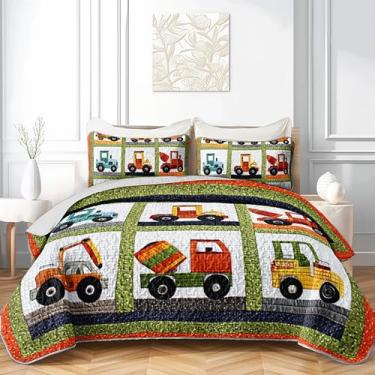 Imagem de QOOMO Jogo de cama infantil com desenho animado de carro, veículo de construção, para decoração de quarto de meninos e meninas, microfibra leve para todas as estações, tamanho casal/queen, 1 conjunto