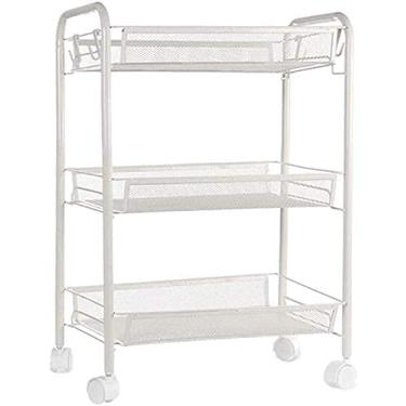 Imagem de Carrinho de armazenamento para o dia a dia, design simples e fácil montagem, feito de estrutura de tubo de aço, cestas de arame de malha e rodízios de nylon, 3 níveis