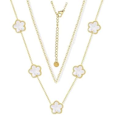 Imagem de NAOKIFU Colar feminino de trevo de quatro folhas, banhado a ouro 18K, em camadas delicadas, de aço inoxidável, 4 folhas, pingente de flor, pingente da sorte, joias para presentes, Aço inoxidável, Sem