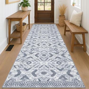 Imagem de KILOCOCO Tapete de corredor de corredor 8 x 20 cm lavável tapete marroquino antiderrapante tapete de entrada tapete longo para quarto, cozinha, sala de estar, banheiro, geométrico, boho, cinza, cinza