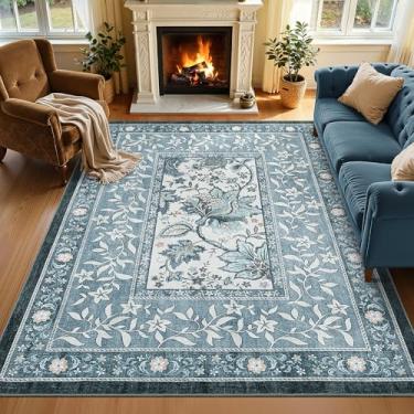 Imagem de GarveeHome Tapetes Provence 12 x 18 cm, bosque botânico, vintage, cottagecore, antiderrapante, lavável, tapete para quarto, sala de estar, berçário, cozinha, tapete de pelo baixo, retrô, azul