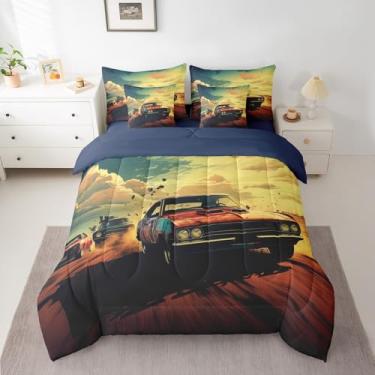 Imagem de Erosebridal Jogo de lençol casal com 7 peças, carro de corrida, veículos off-road, retrô, clássicos, esportes radicais, para crianças, meninas, meninos, conjunto de lençol vintage