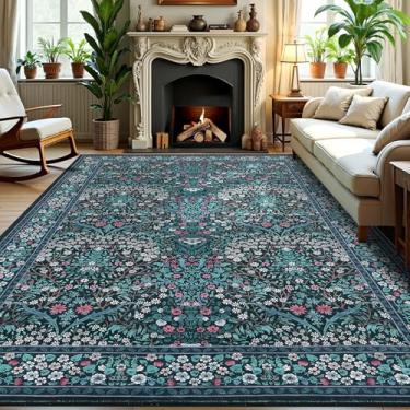 Imagem de GarveeHome Tapete floral 20 x 25 cm, tapetes grandes para sala de estar, tapetes boêmios macios para quarto, antiderrapante, lavável, para sala de jantar, quarto de bebê, sala de estar, azul escuro
