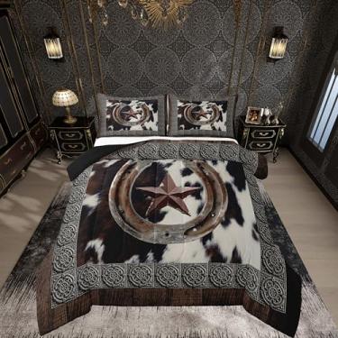 Imagem de jejeloiu Conjunto de cama de couro bovino ocidental macio para meninos e meninas, conjunto de edredom Queen com estampa de pele de vaca, microfibra para decoração de quarto de fazenda, 3 peças com 2