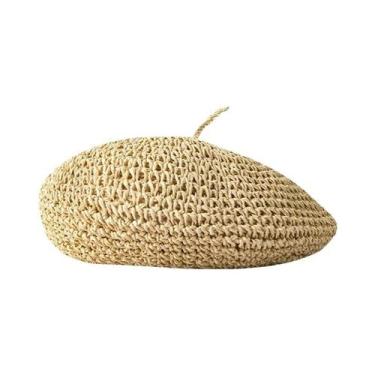 Imagem de Chapéu De Crochê De Palha Feminino De Cor Sólida Para Verão, Boina Da 