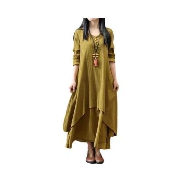 Imagem de Vestido Vintage plus Size Em Algodão E Linho, Casual, Solto, De Manga 