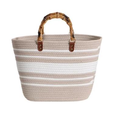 Imagem de Bolsa Feminina Listrada de Grande Capacidade - Alça de Bambu para Prai