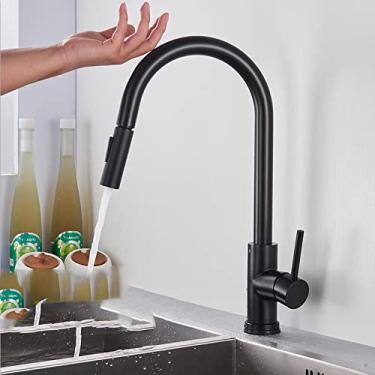 Imagem de Torneira de cozinha de toque inteligente escovado ouro sondagem torneiras sensor preto/níquel 360 rotação guindaste 2 saída torneiras misturador de água, sensor preto fosco, China