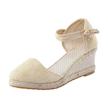 Imagem de Sandálias femininas confortáveis flor clipe dedo do pé sandálias de praia moda feminina boêmia plataforma sapatos de vestido a5, Bege, 8.5