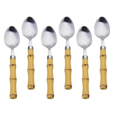 Imagem de Jogo 6 Colheres Mesa Aço Inox E Cabo Plástico Bambu 19Cm