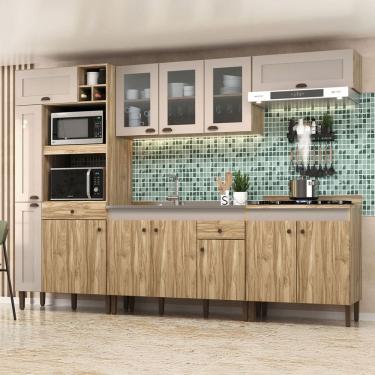 Imagem de Armário de Cozinha Carmem com Balcão para Pia e Cooktop 13 Portas 2 Gavetas Carvalho Oak/Cristalo - Pnr Móveis