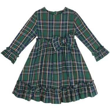 Imagem de FANCYINN Vestidos xadrez para meninas pequenas, manga comprida, bainha com babados, vestido xadrez búfalo 9M-11T, Xadrez verde, 3 Anos