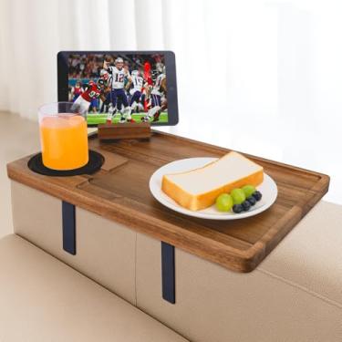 Imagem de Hitseon Mesa de apoio de braço para sofá, bandeja de braço de sofá de madeira de acácia com braçadeira de metal ajustável, bandeja de sofá para TV com suporte giratório de telefone para lanches e