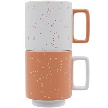Imagem de American Atelier Conjunto de 2 peças de canecas de café empilháveis | Copos de cerâmica de 400 ml para bancada de cozinha, mesa, ilha ou exibição de café | Presente para amantes de chá e café (coral)