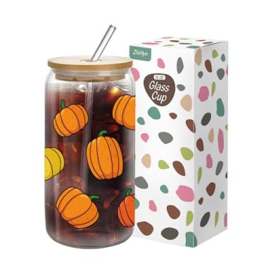 Imagem de Zhirlyn Copo de vidro de abóbora de 473 ml com tampa e canudo - Copos de Dia das Bruxas de Ação de Graças para Café Gelado, Copos com Tema de Outono, Presente Estético para Mulheres e Homens (Laranja)