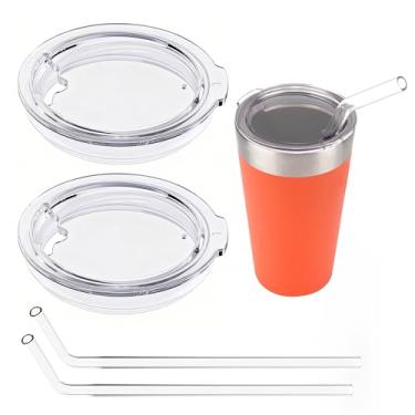 Imagem de LUVCOSY 2 peças de tampas de substituição para copos com 2 peças de canudo de vidro compatível com Stanley 473 ml Adventure Stacking copo de cerveja/copo de metal, acessórios para copo de cerveja