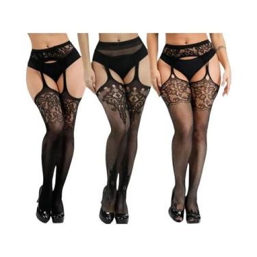 Imagem de Meias-calças Femininas Sensuais De Rede Até a Coxa, 3 Peças, Com Padrã