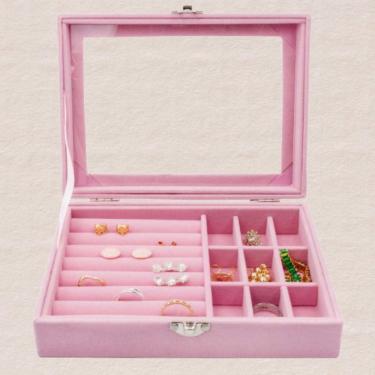 Imagem de Porta Joias Luxo com Tampa de Vidro e Divisórias para Anéis 20x15x5cm Rosa Off white Cinza
