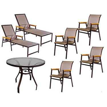 Imagem de Mesa com cadeiras e espreguiçadeiras para jardim piscina área externa