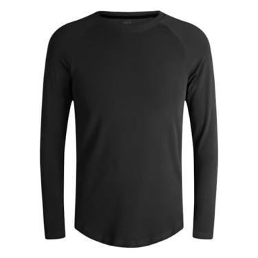 Imagem de Camisa esportiva masculina manga longa cor sólida camiseta atlética gola redonda expansível para treino, Preto, XXG