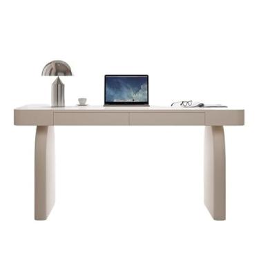 Imagem de Mesa de mesa para laptop de madeira soild para escritório em casa, escrita branca simples moderna com gavetas, mesa de maquiagem e mesa de estudo
