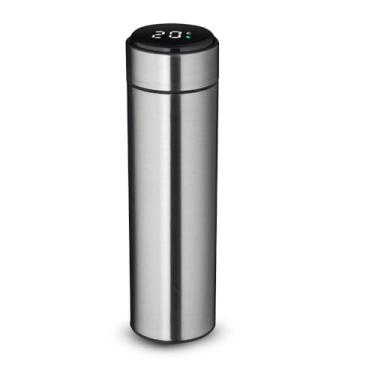 Imagem de Garrafa Térmica 450ml Aço Inox com Infusor para Chá + Display LED na Tampa (Termômetro) — Parede Dupla Vácuo, Tampa Rosqueável com Vedação, Bateria CR2032 Extra Inclusa (Prata)