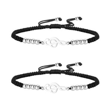 Imagem de Pulseira de corda trançada preta com notas musicais para mulheres e homens, aço inoxidável, piano, clave aguda, amuleto, empilhável, ajustável, conjunto de 2 peças, joias modernas, presente de dia dos