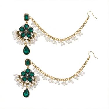 Imagem de Brincos de pingente de gota de cristal cintilante, imitação de pérola, com borla, pingente de gota de cristal, acessórios de cabelo para mulheres, noiva, joias vintage indianas tradicionais, 69x36