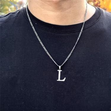 Imagem de Colar com inicial para homens e mulheres, ouro 14K, prata, aço inoxidável, letras maiúsculas, monograma, colar com corrente fígaro de 56 cm, middle, Aço inoxidável, Sem Pedra Preciosa