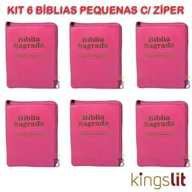 Imagem de Kit 6 Bíblias Sagradas Pequena Zíper - Pink - 9x13 cm - REI DAS BIBLIA
