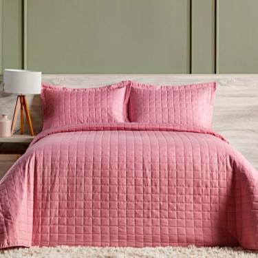 Imagem de Kit Colcha Bouti Cobre Leito Casal Tecido Estampado Dupla Face 03 Peças - Fronhas Aba Americana - Matelado (2,10m x 2,40m) (ROSE COB02)