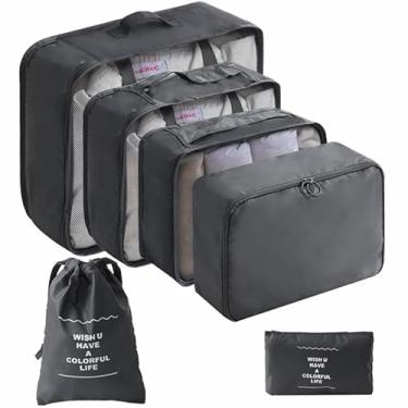 Imagem de 6 organizadores de viagem adequados para organizadores de mala com bolsas internas com zíper - Organizadores de bagagem resistentes com cubos codificados por cores, seções de sapato/higiene pessoal