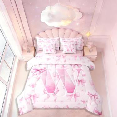 Imagem de Coquette Conjunto de cama casal, com laço rosa, 7 peças, lindo conjunto de cama com letra inicial W em uma bolsa, conjunto de cama com laço floral em aquarela inclui edredom, conjunto de lençóis