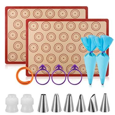 Imagem de Angadona Kit de tapetes de silicone Macaron (conjunto de 16 peças) Conjunto de 2 meias folhas de silicone Macaron antiaderente, 6 pontas de tubulação, 2 sacos de confeitar com 3 sacos de amarrar, 2