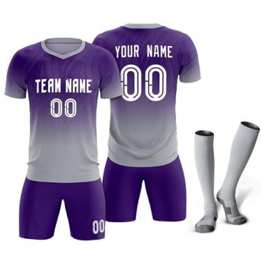 Imagem de Camisetas de futebol personalizadas com logotipo de número de nome masculino feminino infantil camisas de futebol personalizadas uniformes de equipe camiseta juvenil, Roxo/cinza claro/gradiente 22,