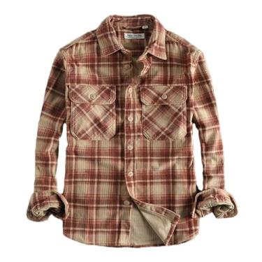 Imagem de Camisetas masculinas xadrez de veludo cotelê algodão primavera outono pesado lavado trabalho blusas retrô estilo ocidental casual tops, Xadrez vermelho, M