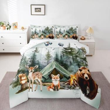 Imagem de Erosebridal Conjunto de edredom queen para trailer, acampamento, rústico, para decoração de quarto de crianças e adultos, cabana, veado, raposa, campo, fazenda, 2 fronhas