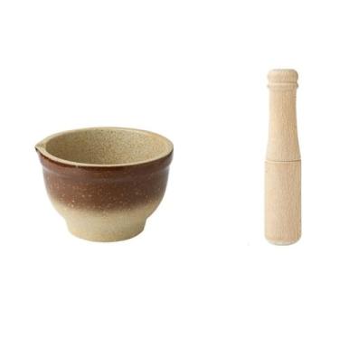 Imagem de Tigela Moedora Conjunto de argamassa e pilão espesso de cerâmica de alta temperatura, moedor de ervas comercial, tigela de pílulas de farmácia Moedor Triturador(Brown)