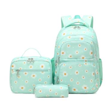 Imagem de Armbq Mochila infantil para meninas, mochilas escolares com vários bolsos com lancheira para o ensino fundamental, conjunto de mochilas para meninas adolescentes, Verde margarida, 3Pcs Backpack