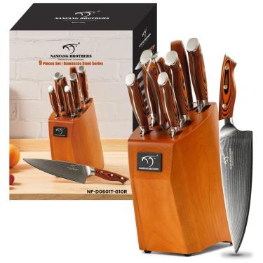 Imagem de Conjunto de Facas com Bloco de Bancada e Cabo Ergonômico, 9 Peças, NANFANG BROTHERS, Marrom