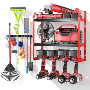 Imagem de Ferreteriai Organizador de ferramentas elétricas de parede com suporte de vassoura, rack de armazenamento de garagem de 3 níveis vermelho e preto com armazenamento de bateria, 4 compartimentos para