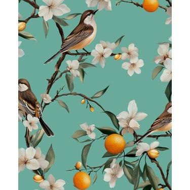 Imagem de Papel de parede floral pássaro branco azul descasque e cole, papel de contato de laranjeira fresca, autoadesivo, removível, retrô, floral, mural de parede, papel de parede para quarto, paredes