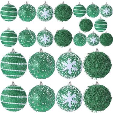 Imagem de VioraWhite 24 peças de enfeites de bola de glitter de Natal, tamanhos variados, enfeite de árvore de Natal de espuma, bolas penduradas para festas de Natal, Ano Novo, decorações de casa (verde escuro)