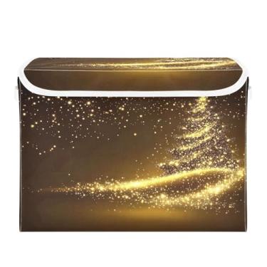 Imagem de Wassud Cestas de armazenamento de Natal com tampas, árvore de Natal estrelada dourada, caixotes dobráveis empilháveis de tecido cestos de linho organizador de armário recipiente 42 x 32 x 30 cm