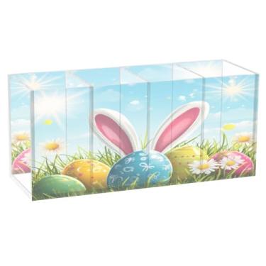 Imagem de Burbuja Porta-canetas de acrílico Bunny Ear Eggs com 4 compartimentos, suporte de lápis transparente para pincéis de maquiagem, acessórios de mesa de escritório em casa