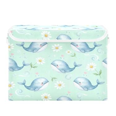 Imagem de Burbuja Linda caixa de armazenamento de margaridas de baleia com tampa e alças, grande caixa de armazenamento dobrável para prateleiras armário quarto escritório organizador