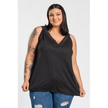 Imagem de Regata Feminina Plus Size Malha Suedi Detalhe Decote Renda Palito - Se