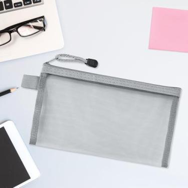 Imagem de Estojos de lápis artesanais bolsa de lápis de malha com zíper, bolsa de papelaria transparente para material de escritório, estojo de caneta plana leve, cinza