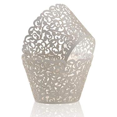 Imagem de KPOSIYA Pacote com 120 embalagens de cupcake para bolos artísticos, copos de papel, vinha, desenhado a laser, cupcakes, formas para assar, xícaras, bandejas para casamentos, chás de bebê, festas, aniversários, Branco, 120
